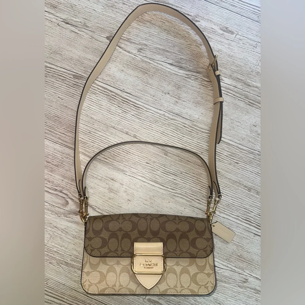 Coach Morgan Crossbody Shoulder Bag Blocked Signature Canvas Gold/Light Khaki